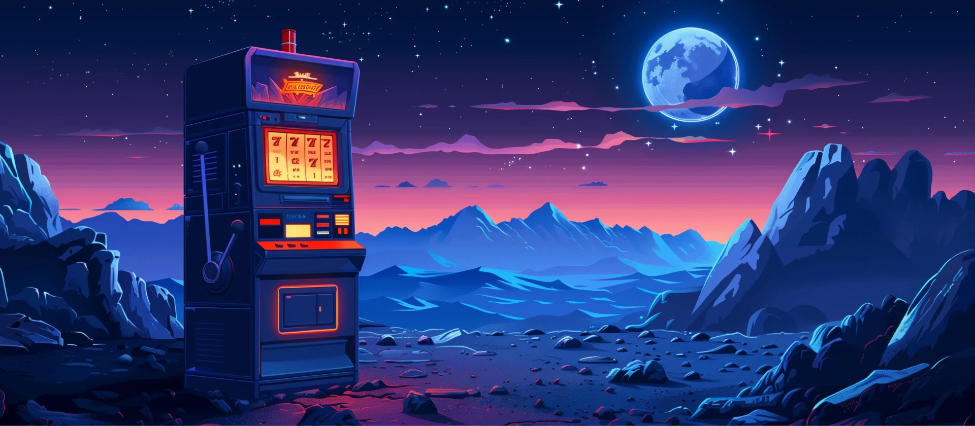 Slot machine in rocky landscape cartooned