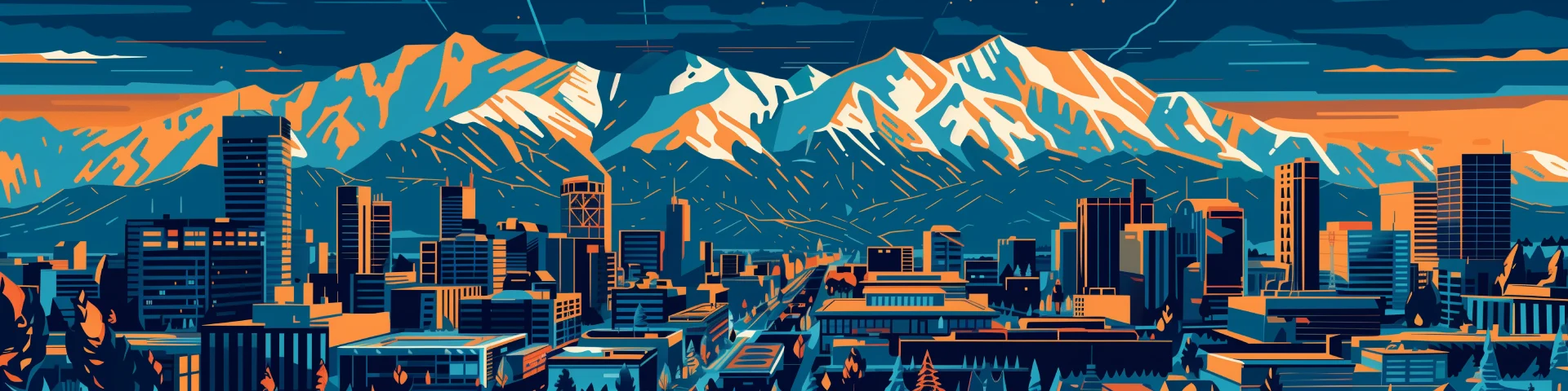 Utah city with mountains behind cartoon banner