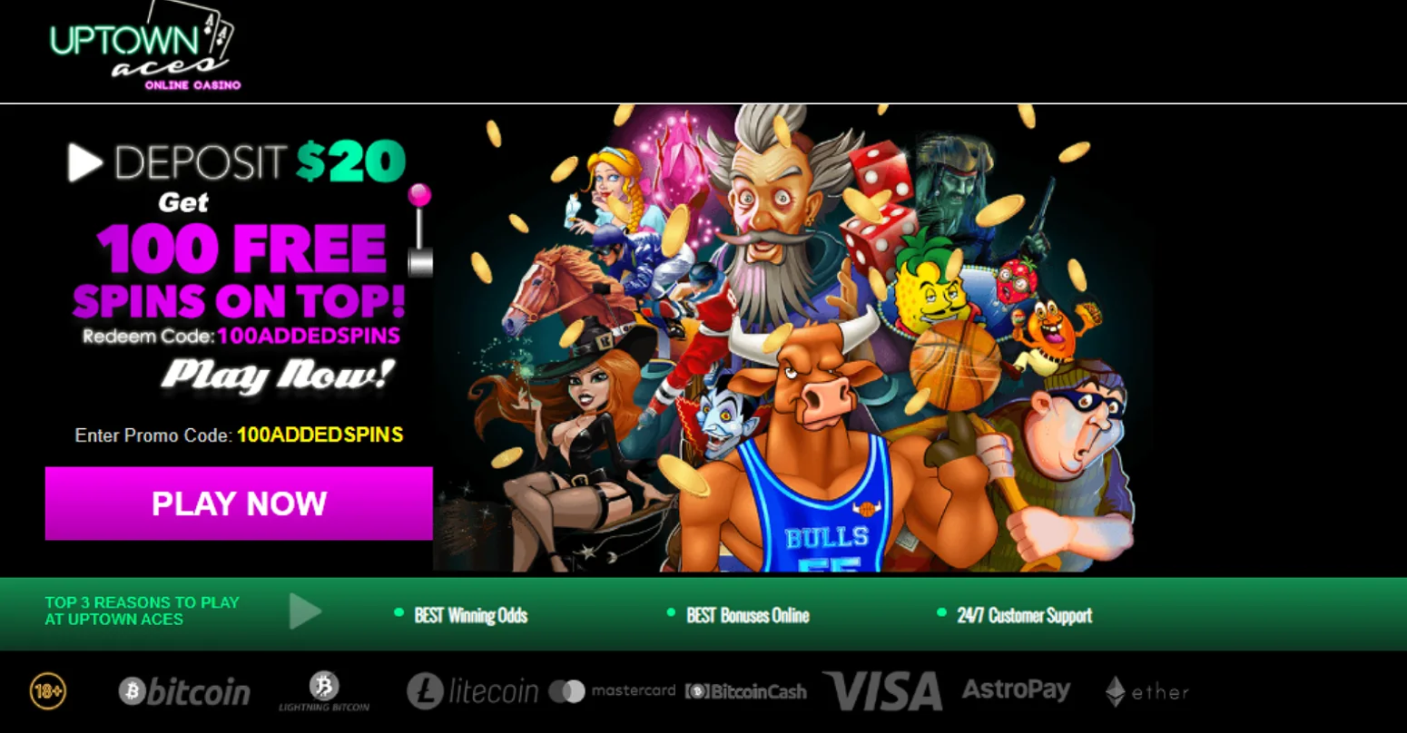Promotional banner for Uptown Aces Casino showing a $20 deposit offer with 100 free spins, colorful game characters, and a ‘Play Now’ button.