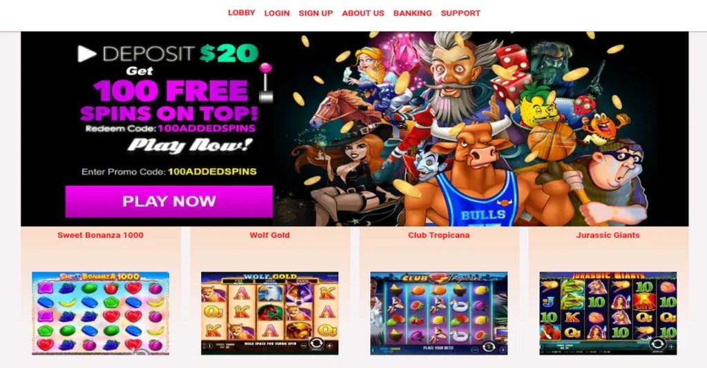 Scratchful homepage showing Uptown Aces $20 deposit bonus with 100 free spins and featured slot games including Sweet Bonanza 1000, Wolf Gold, Club Tropicana, and Jurassic Giants with star ratings.