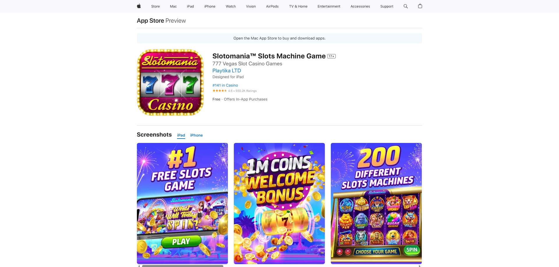 A screenshot of Slotomania's app store listing