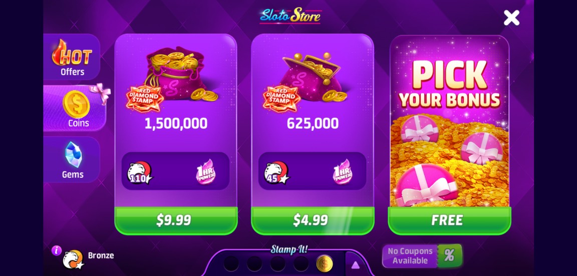 A screenshot of Slotomania's buy coins modal