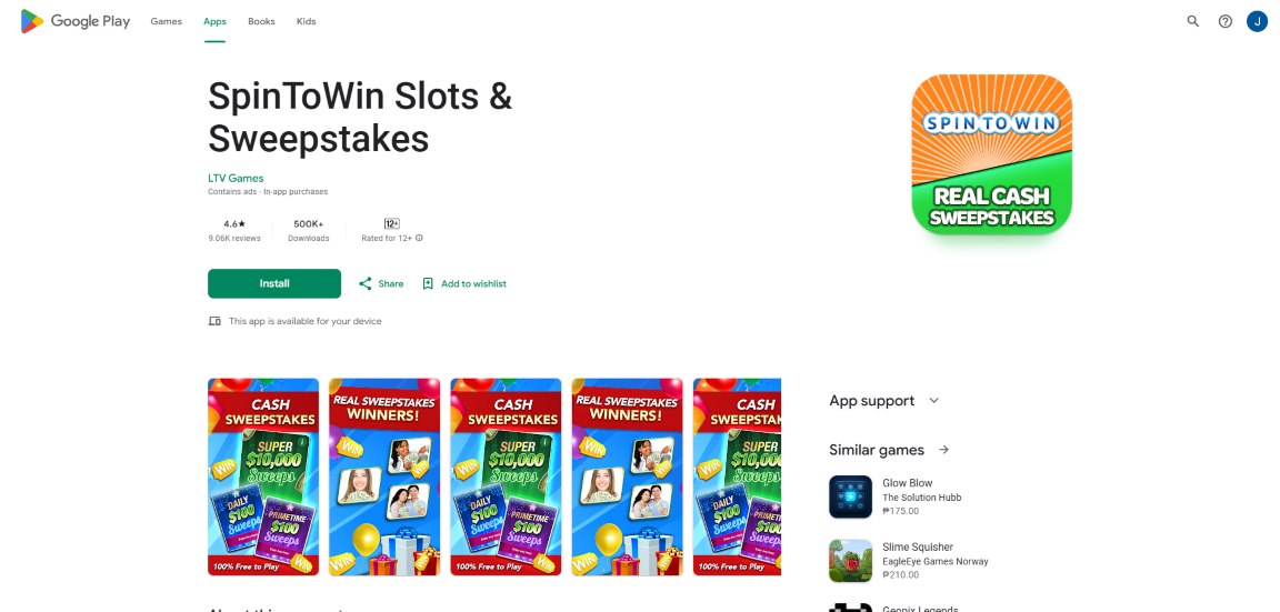 A screenshot of Spintowin Slots' mobile playstore app