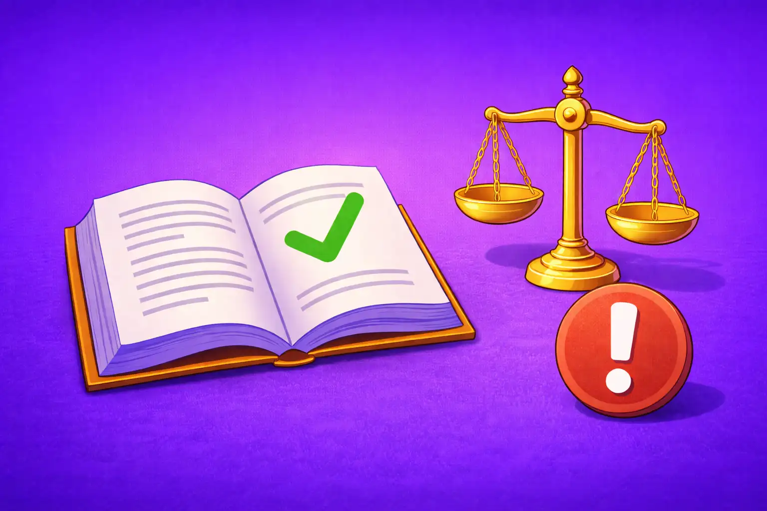 Illustration of an open law book with a green checkmark, a golden balance scale, and a red exclamation icon on a purple background, symbolizing Washington sweepstakes casino laws that matter.