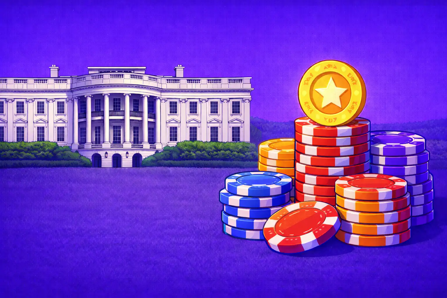 Illustration of the White House on the left with tall stacks of colorful casino chips on a purple lawn, symbolizing Washington sweepstakes casinos in 2025.