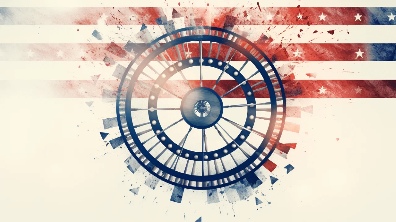 A roulette wheel in the center, with splashes of red, white and blue paint forming the background in the pattern of the American flag.