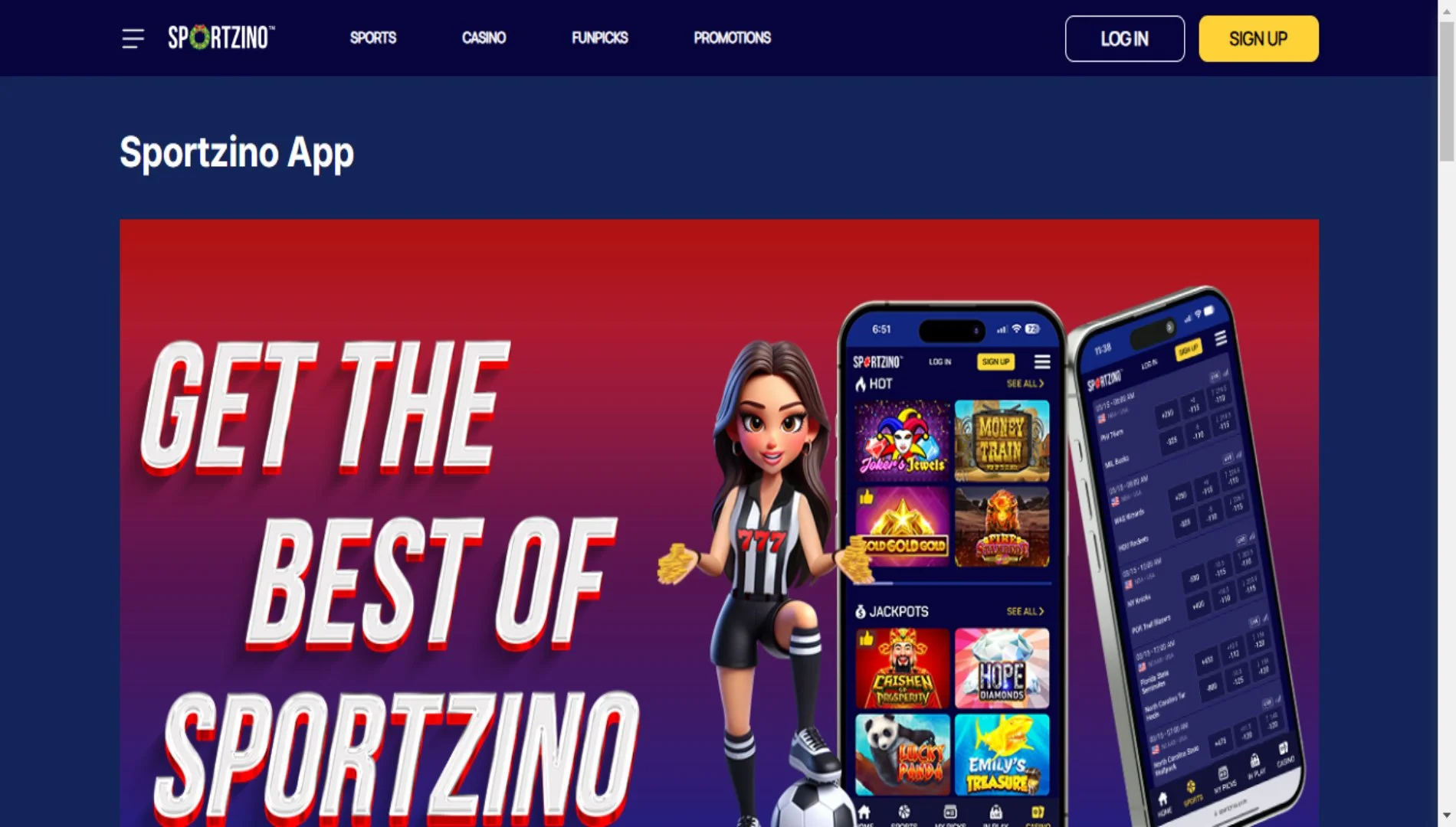 A screenshot of Sportzino Casino mobile app section.