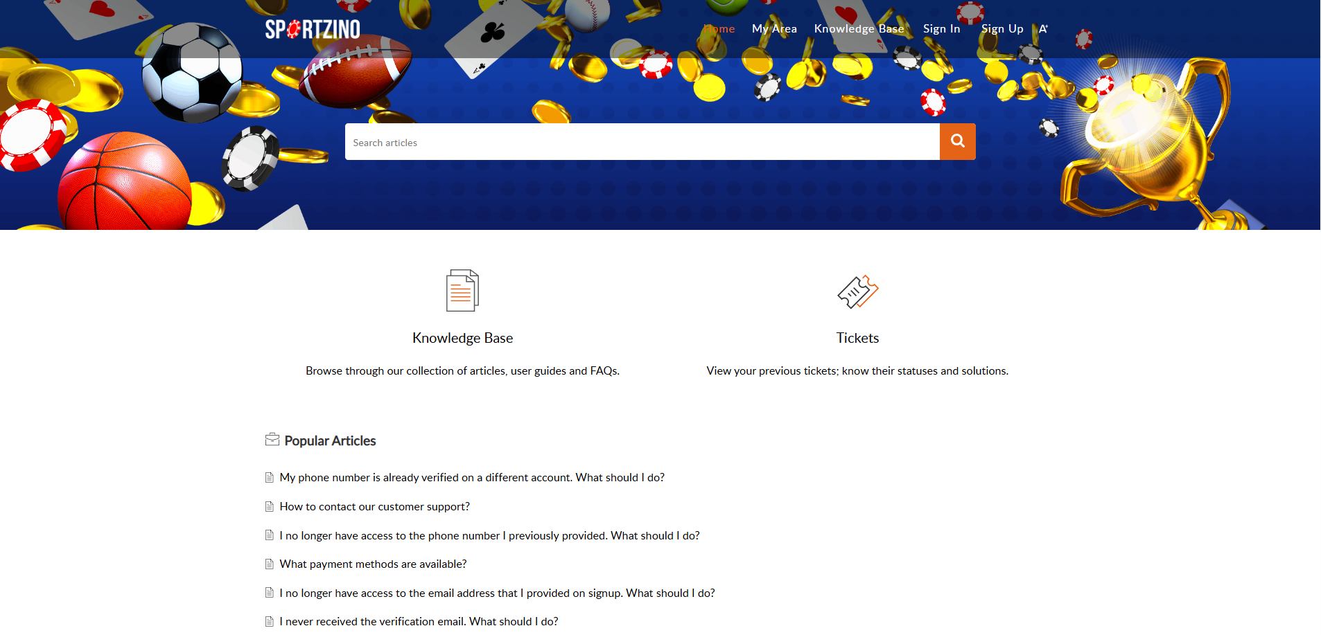 A screenshot of Sportzino's customer support page