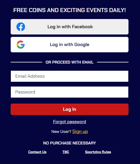 A screenshot of Sportzino login field.