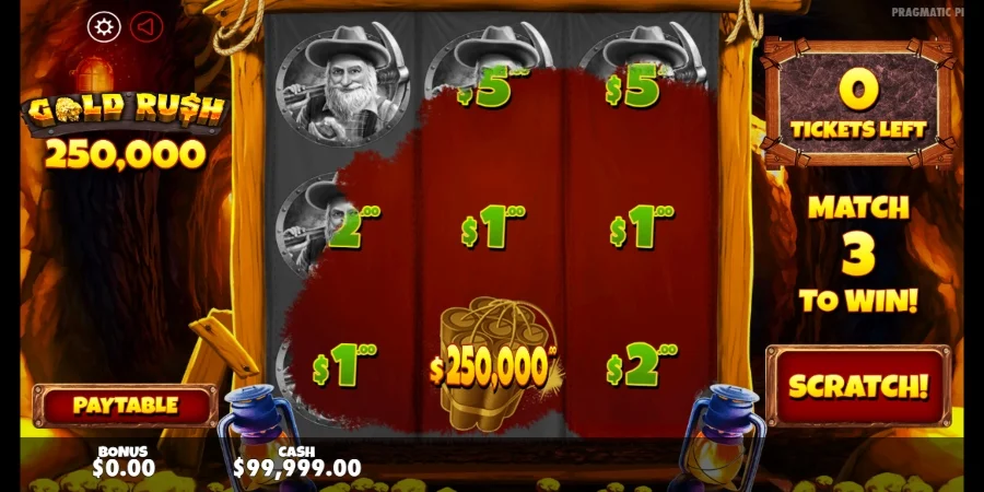 Screenshot showing a scratch card game