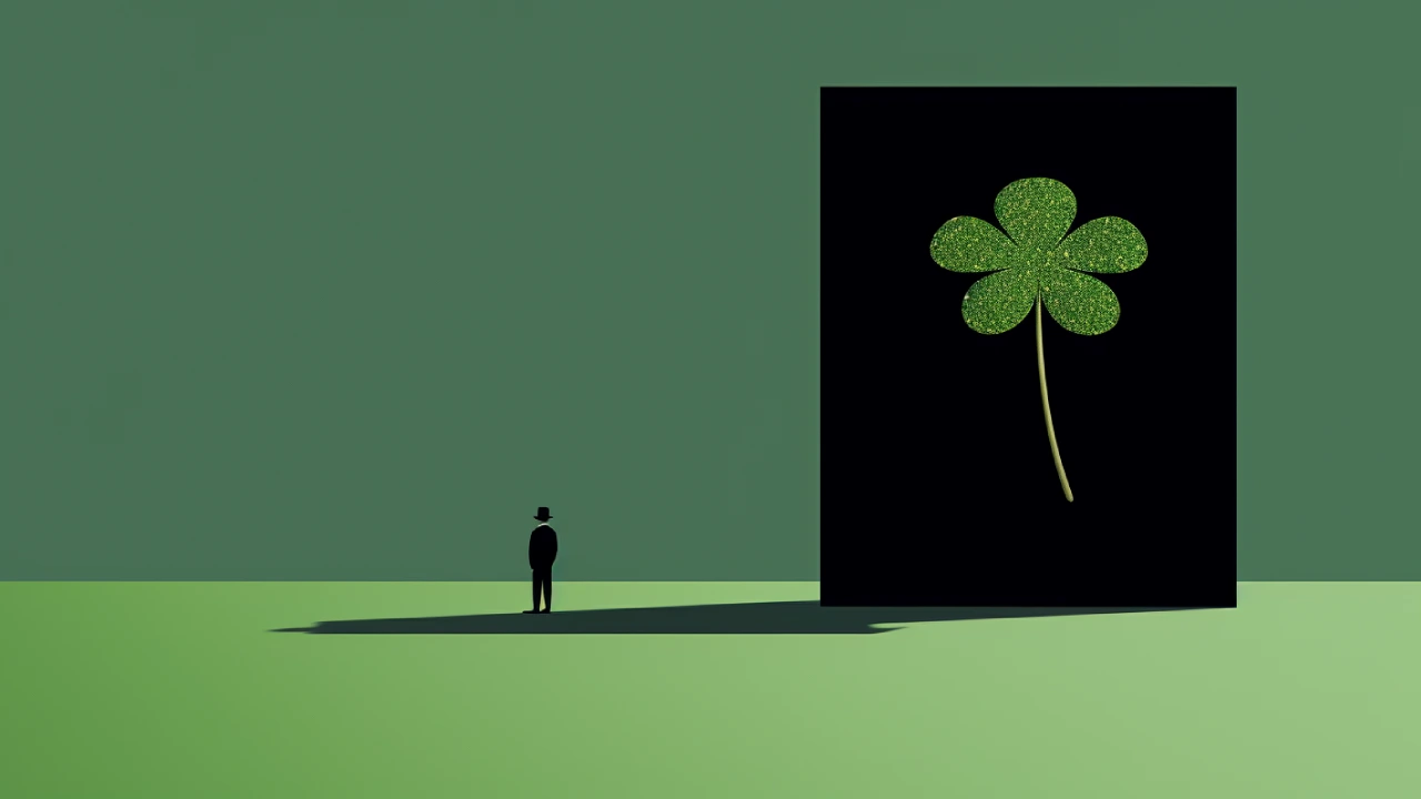 A small silhouetted figure standing in front of a large black rectangle with an oversized four-leaf clover.