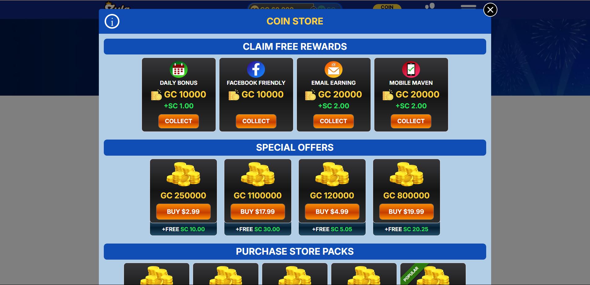 A screenshot of Zula Casino's coins store