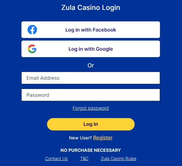 A screenshot of Zula casino login field.