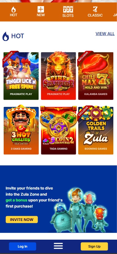 A screenshot of Zula Casino's mobile view