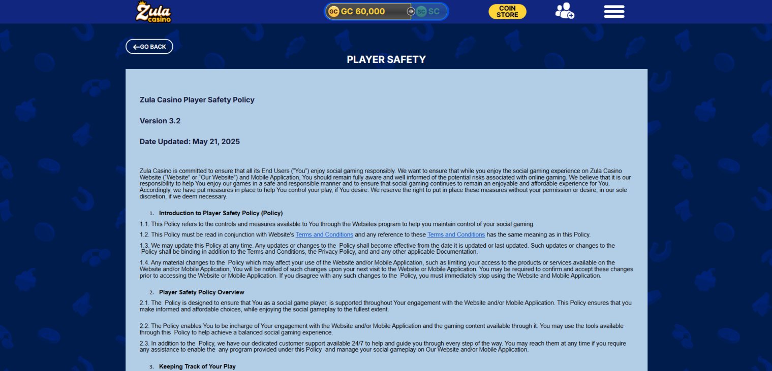 A screenshot of Zula Casino's player safety page
