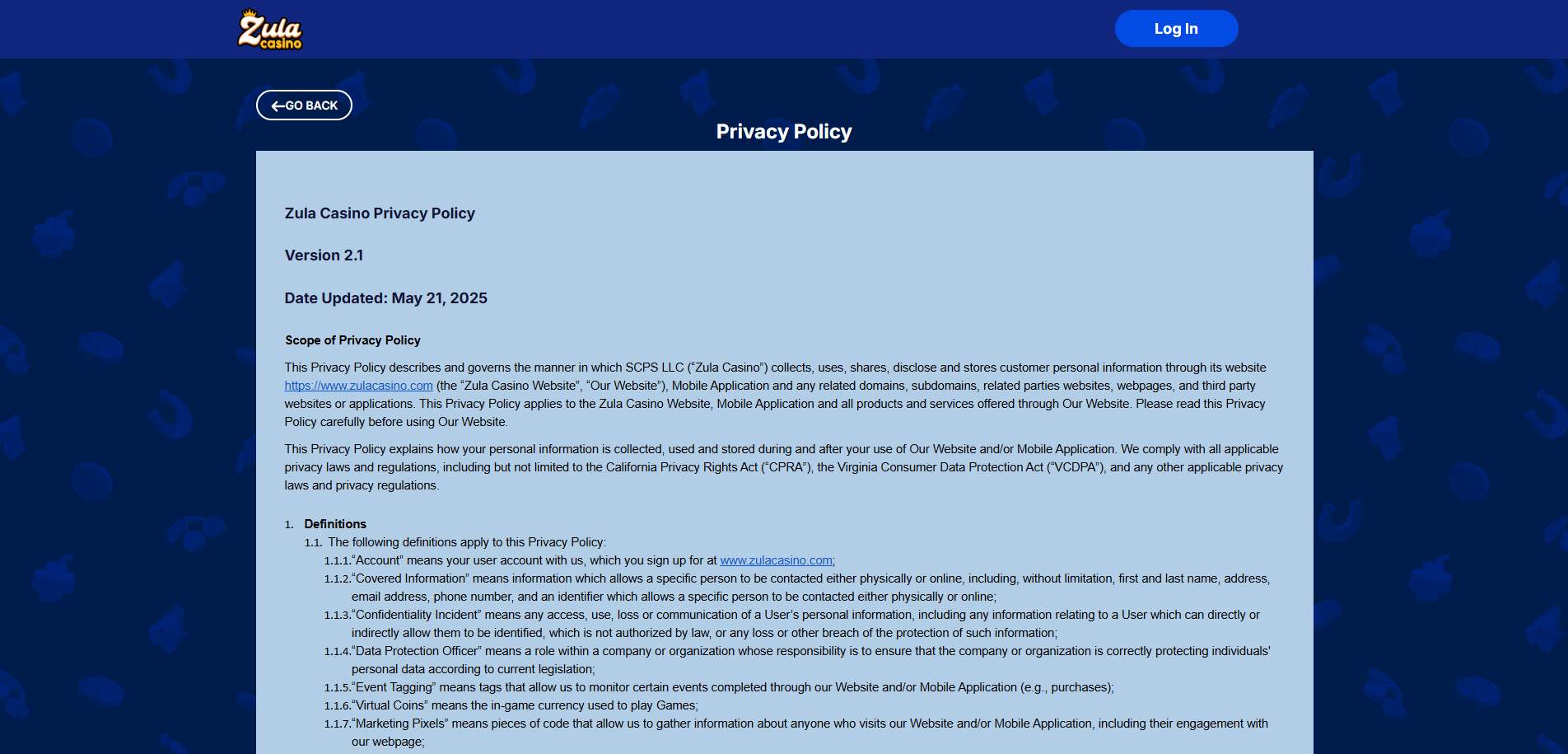 A screenshot of Zula Casino's privacy policy