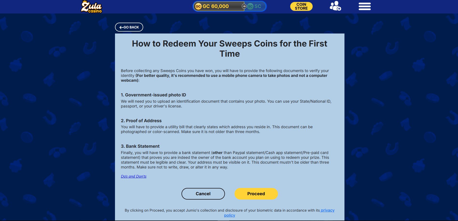 A screenshot of Zula Casino's redeem page