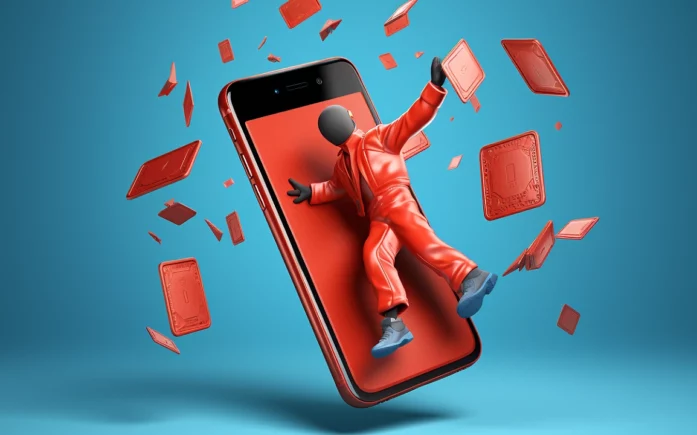 A stylized figure dressed in red is being pulled into a large red smartphone screen.