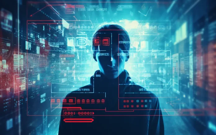 A futuristic depiction of cybersecurity, featuring a person surrounded by a glowing digital interface with holographic data and code elements.