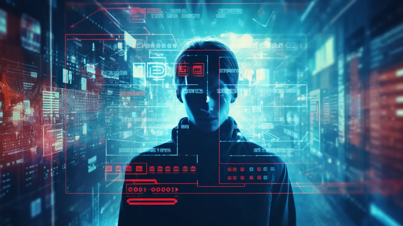 A futuristic depiction of cybersecurity, featuring a person surrounded by a glowing digital interface with holographic data and code elements.