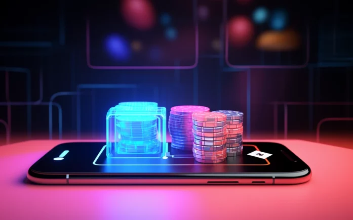 A smartphone lying flat with holographic stacks of poker chips and cards projected onto its screen.