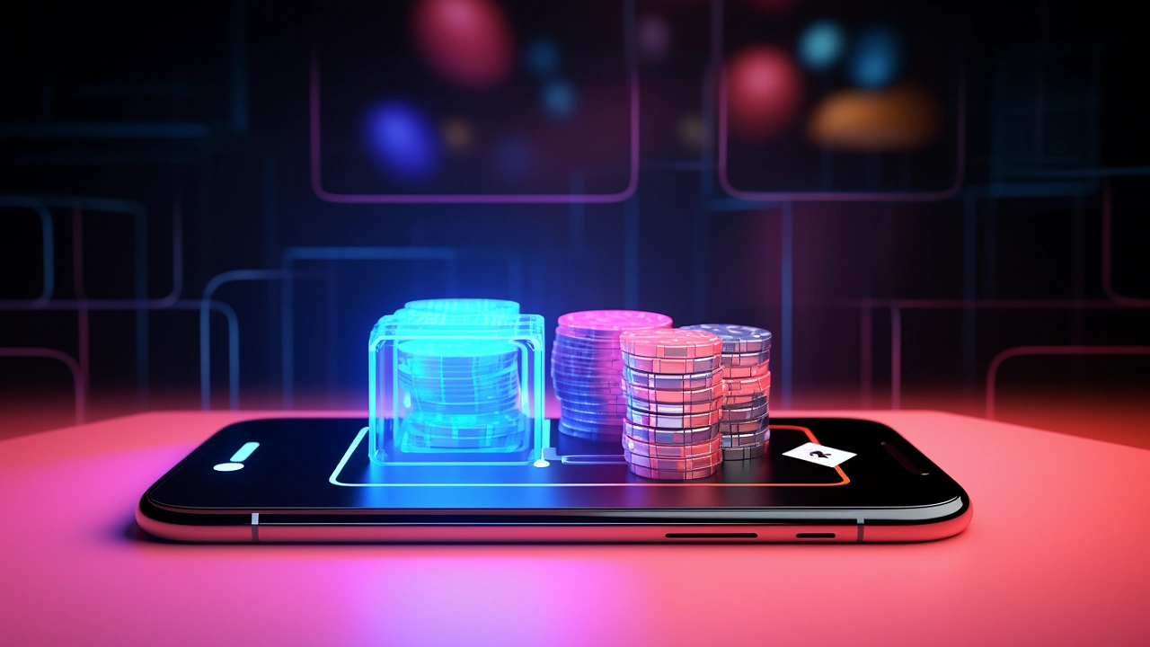 A smartphone lying flat with holographic stacks of poker chips and cards projected onto its screen.