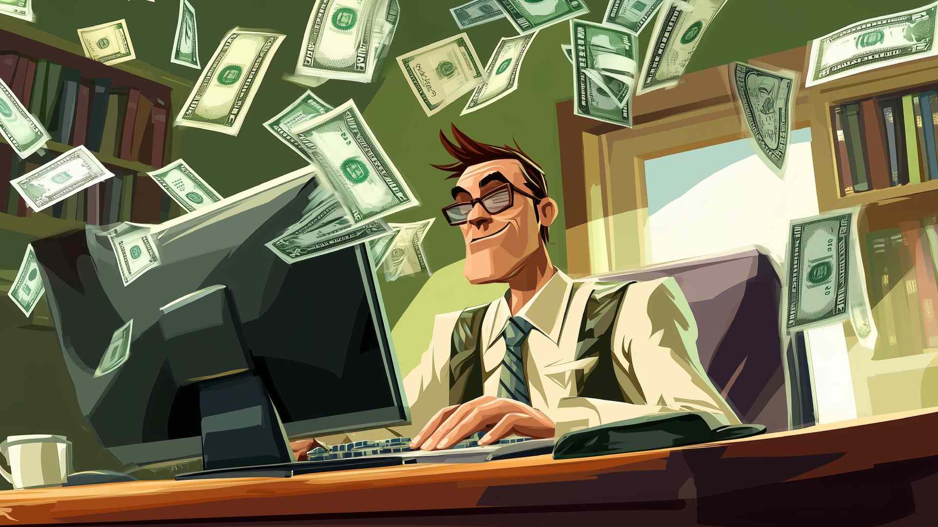 A cartoonized image of a man in front of his computer with dollar bills flying around.