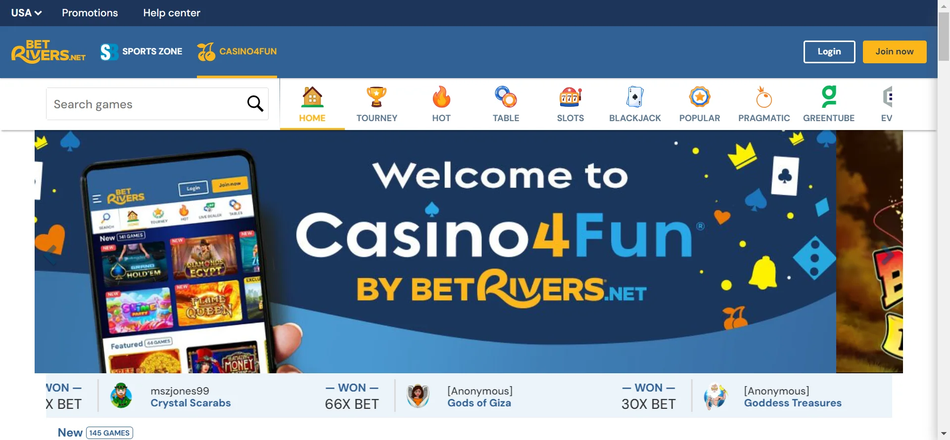 A screenshot of Betrivers casino homepage