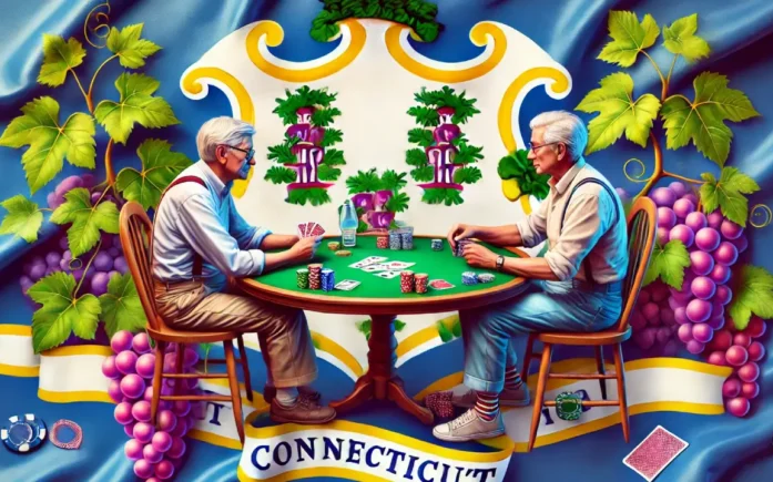 Two elderly men playing poker at a green table, surrounded by vines and the Connecticut state flag in the background.