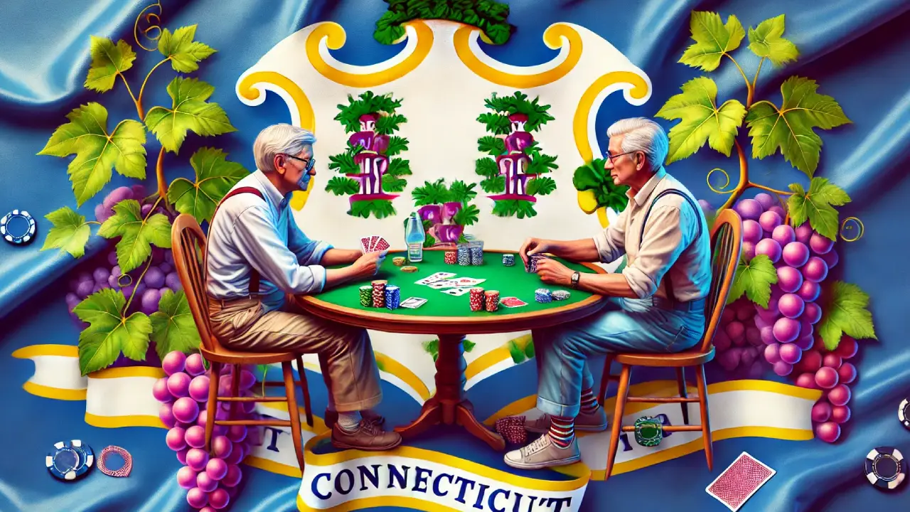 Two elderly men playing poker at a green table, surrounded by vines and the Connecticut state flag in the background.