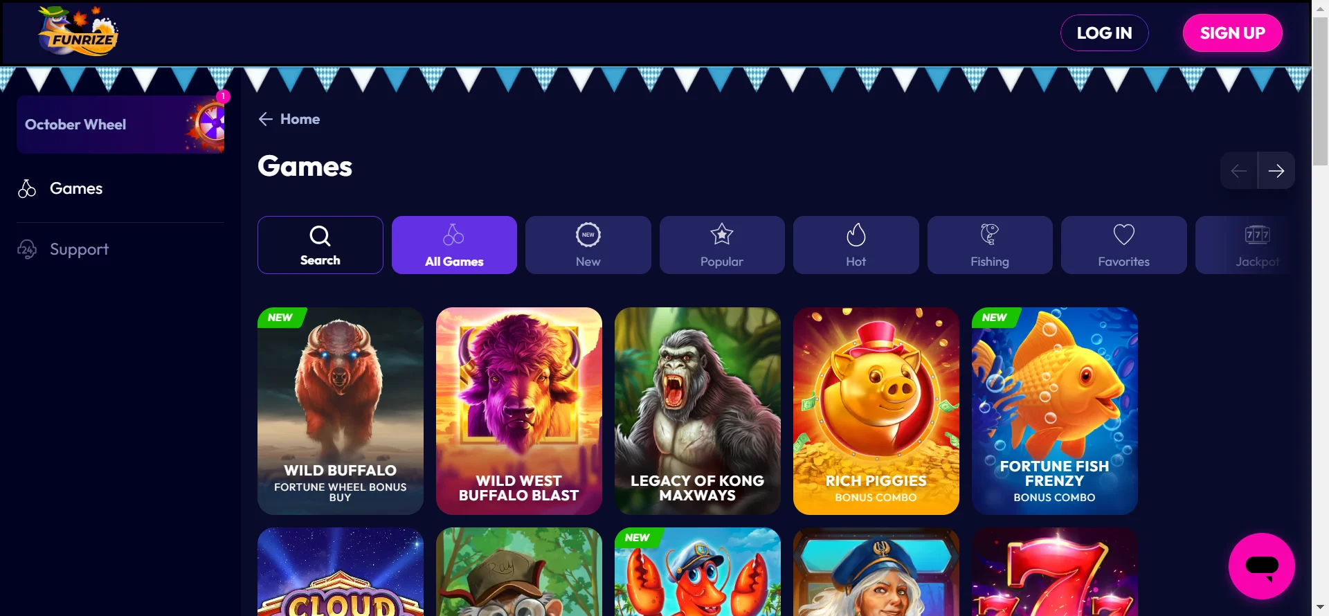 A screenshot of Funrize casino homepage