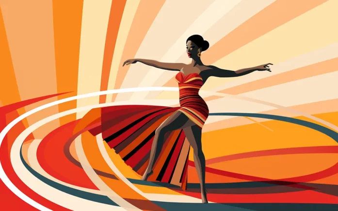 A stylised silhouette of a woman in a bright red and orange dress with dynamic flowing stripes.