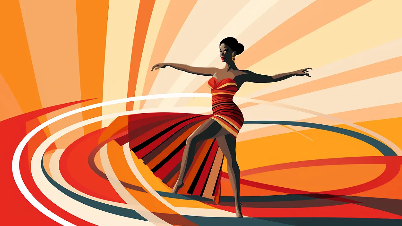 A stylised silhouette of a woman in a bright red and orange dress with dynamic flowing stripes.