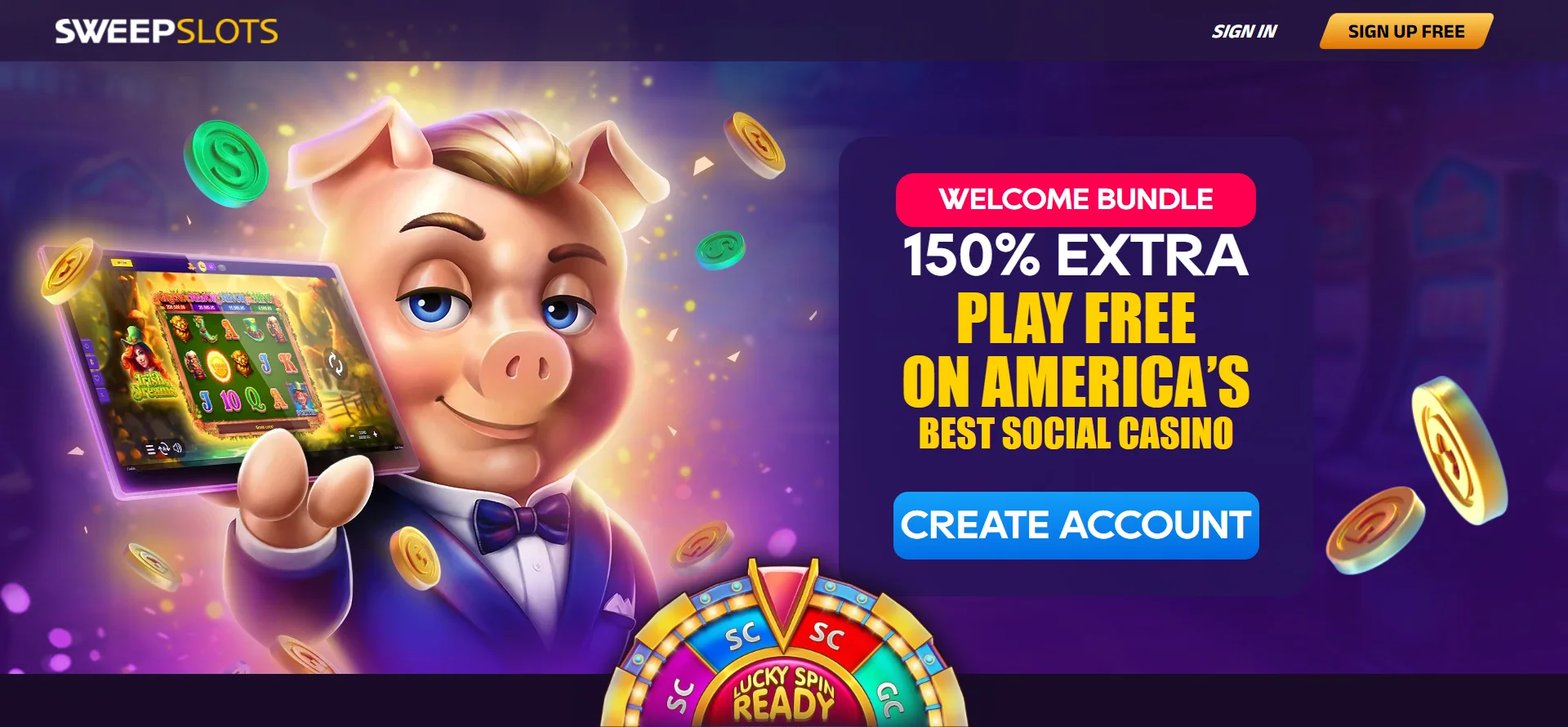 A screenshot of sweepslots casino homepage