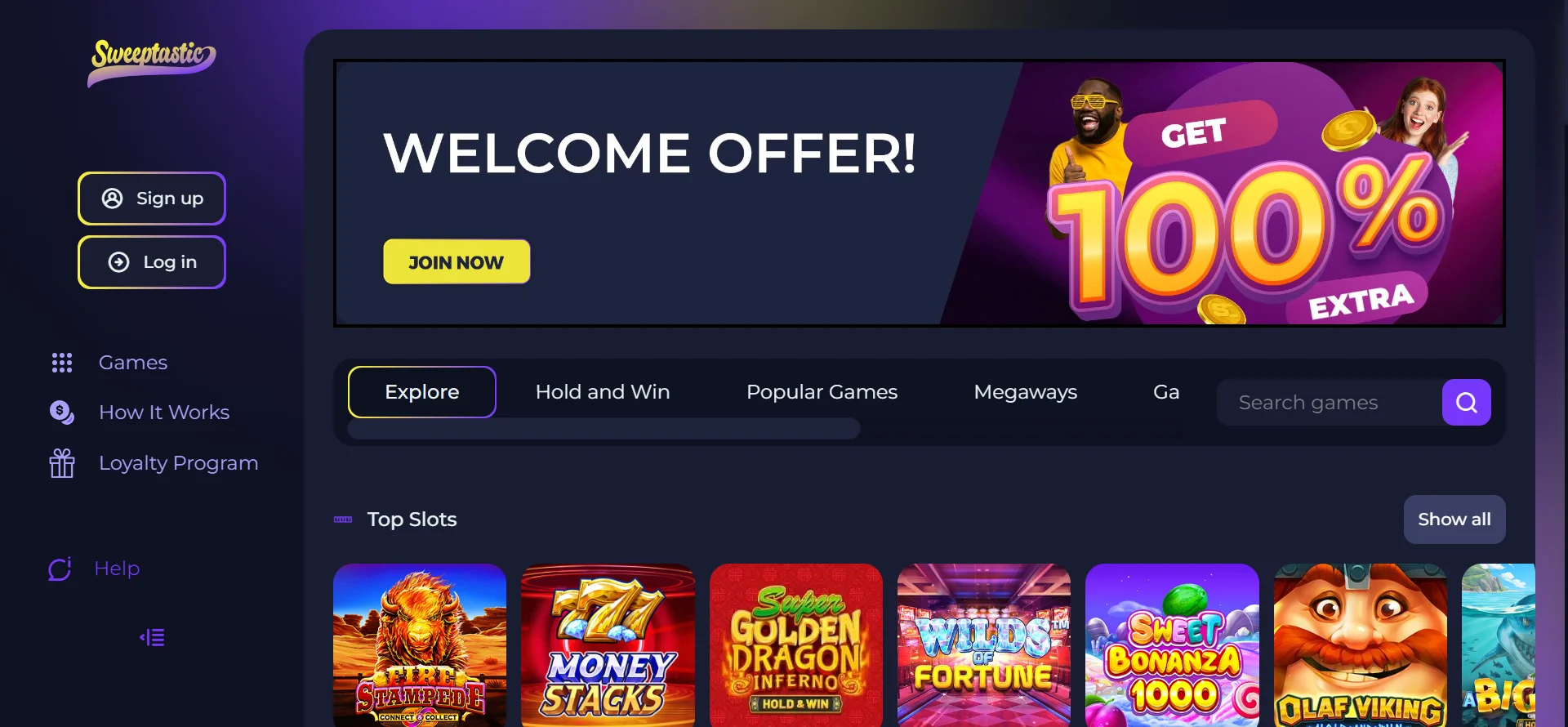 A screenshot of Sweeptastic casino homepage