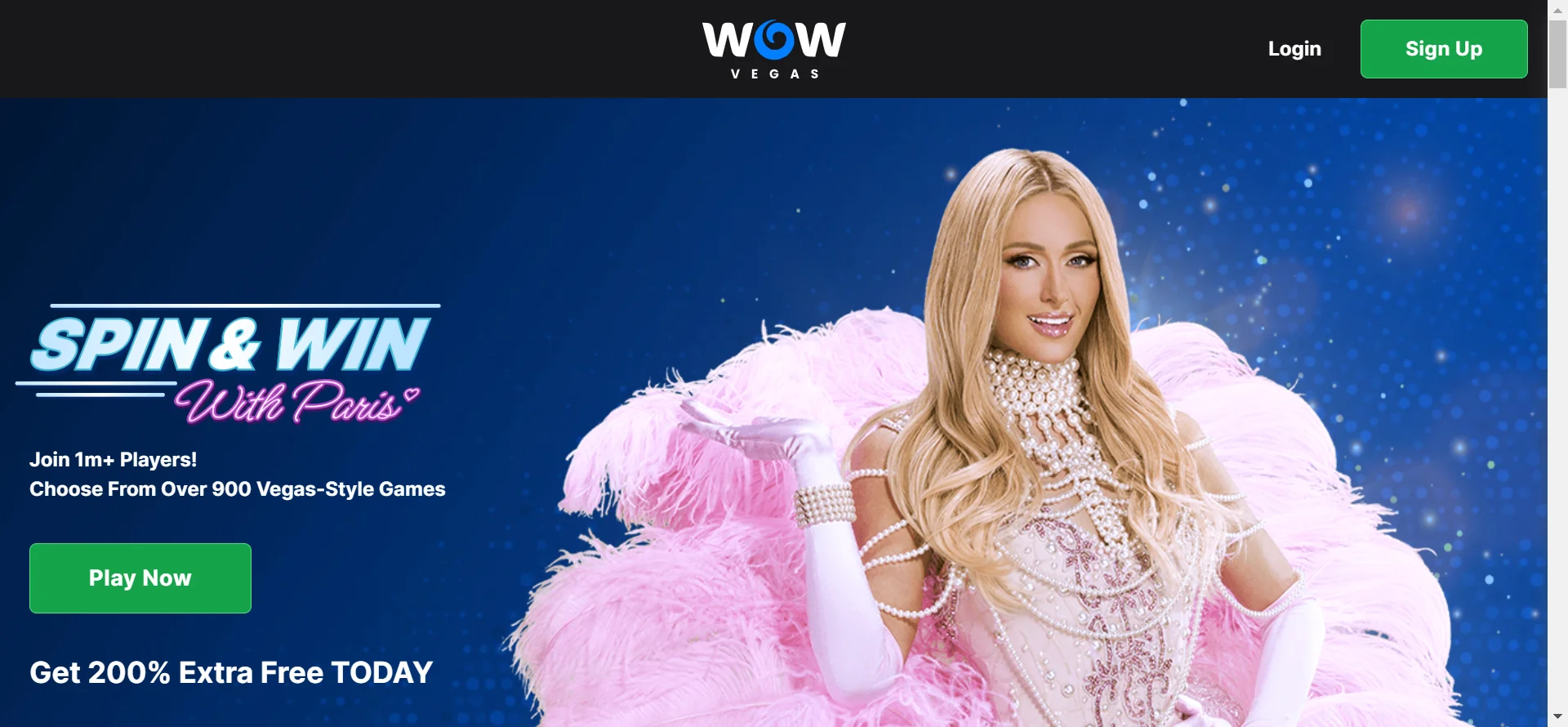 A screenshot of WOW Vegas casino homepage