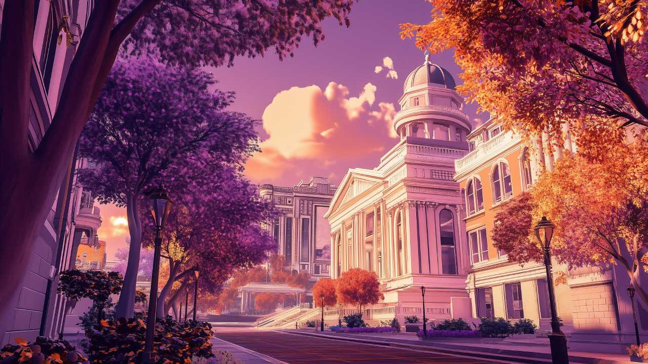 Cartooned image of a american courthouse in orange and purple colors