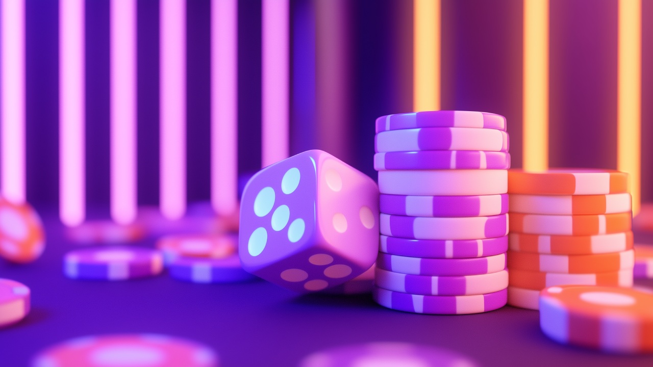 Neon light purple and orange poker chips and a dice