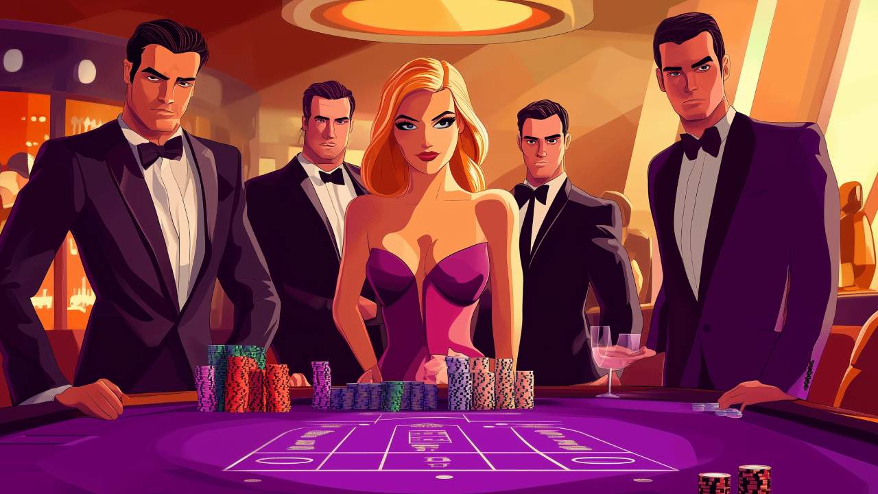 An image of Cartooned celebrities in front of casino table with purple orange colors.