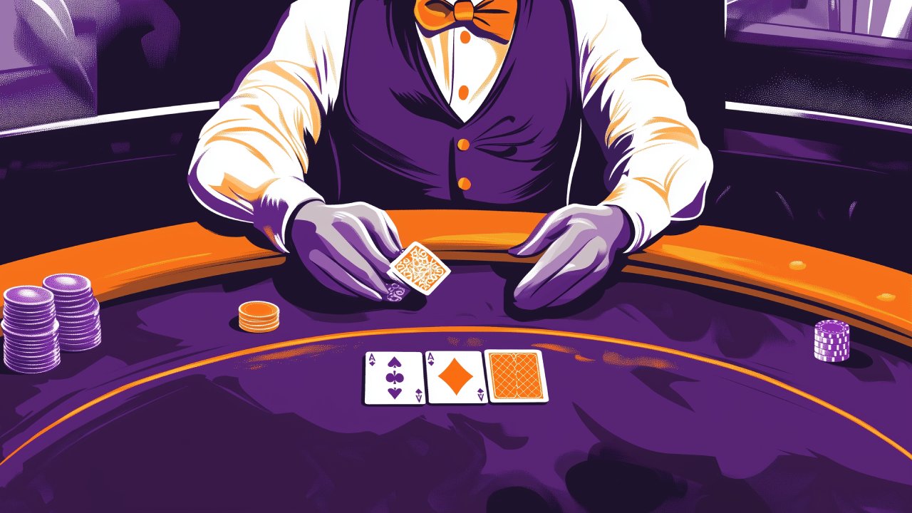 A cartooned image of a poker dealer in orange purple colors.