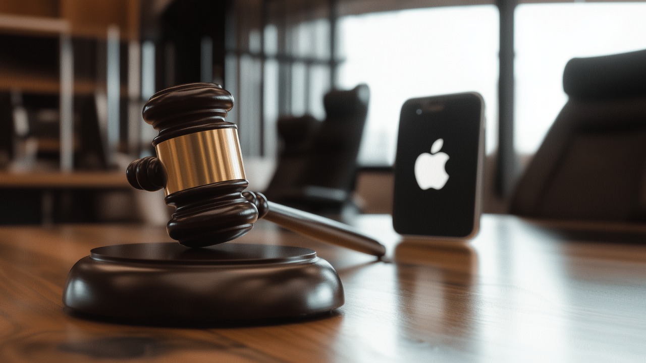 A gavel and an iphone with an Apple logo in a wooden table.