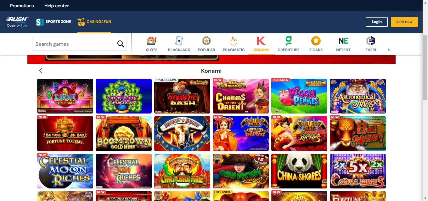 A screenshot of Konami Games section of Rush Casino.