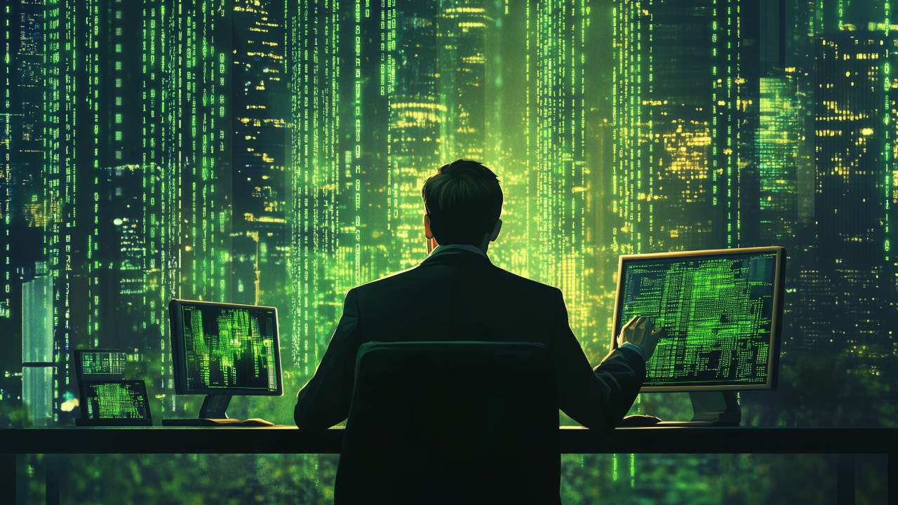 A man in a suit in front of computers in a futuristic background.