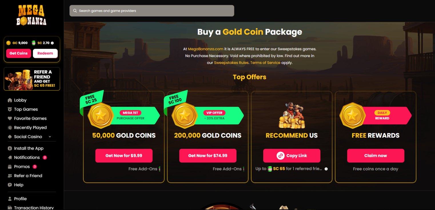 A screenshot of MegaBonanza Casino's coins store