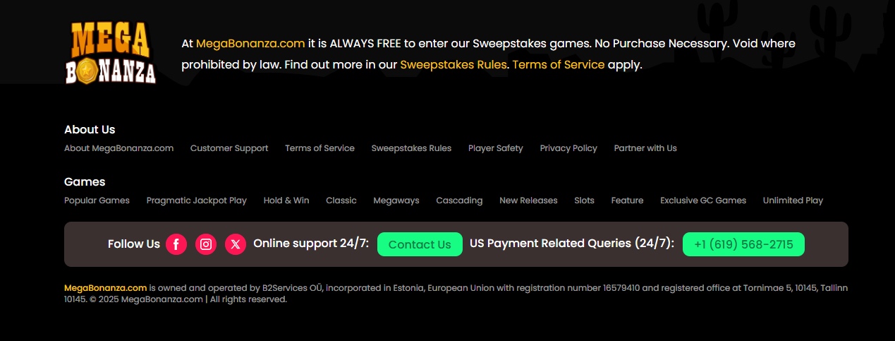 A screenshot of MegaBonanza Casino's footer