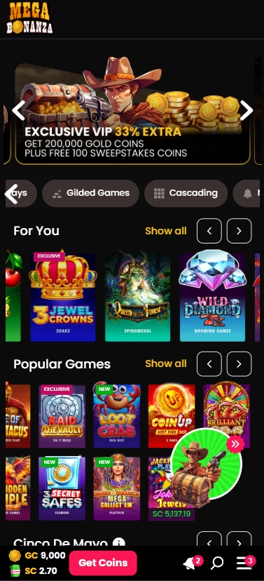 A screenshot of MegaBonanza Casino's mobile view