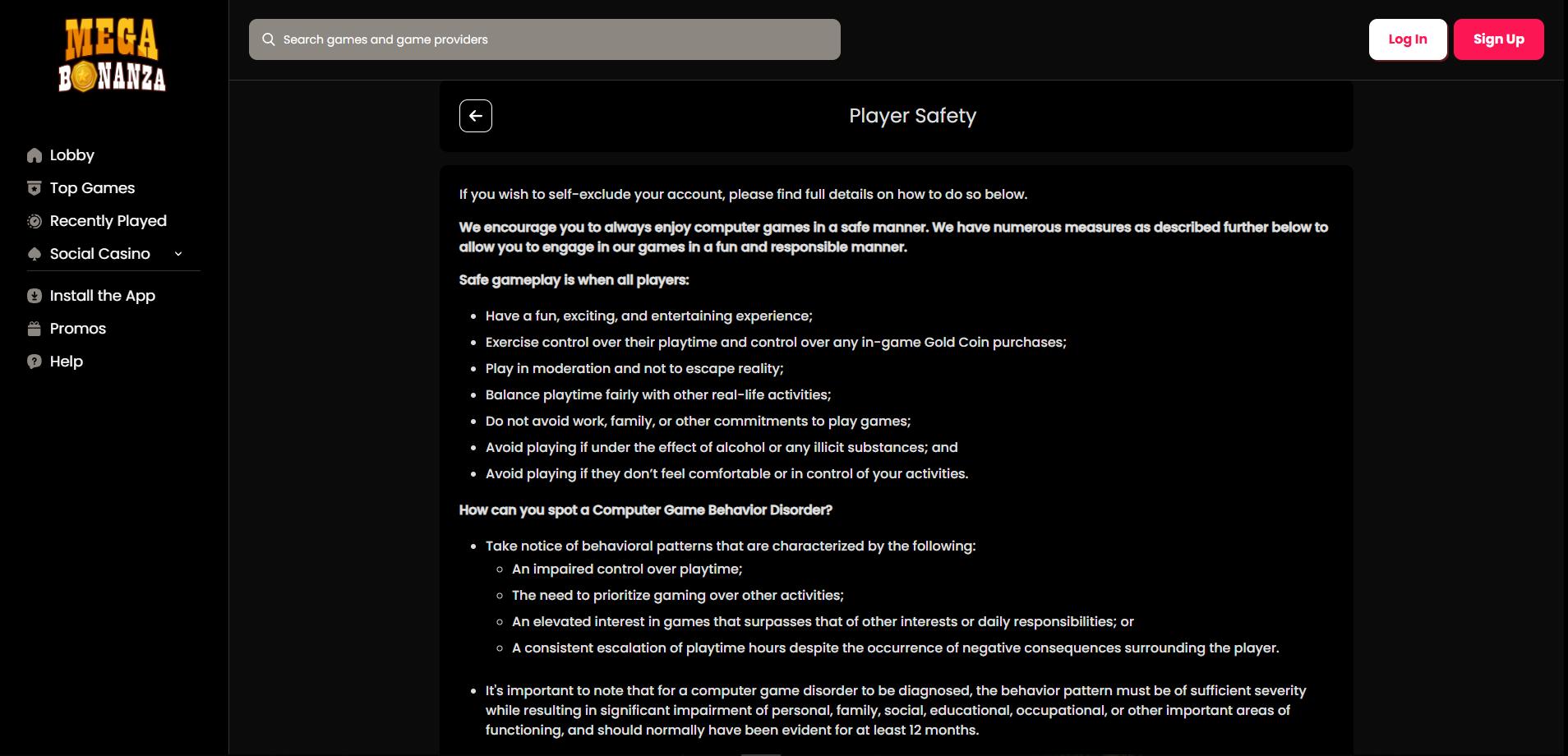A screenshot of MegaBonanza Casino's player safety page