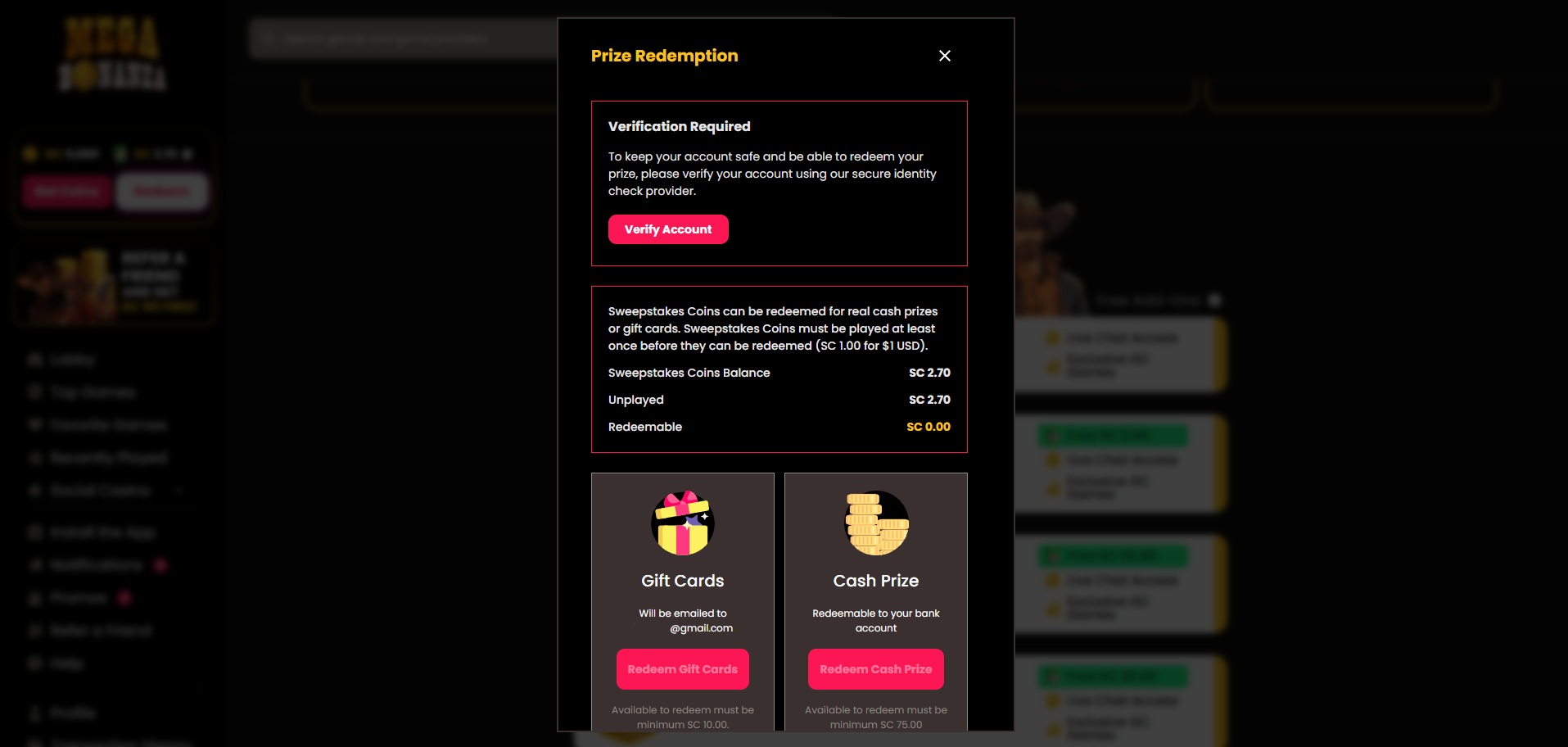 A screenshot of MegaBonanza Casino's redemption page