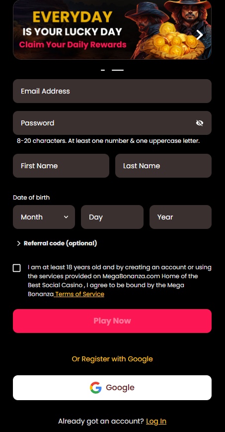 A screenshot of MegaBonanza Casino's registration prompt