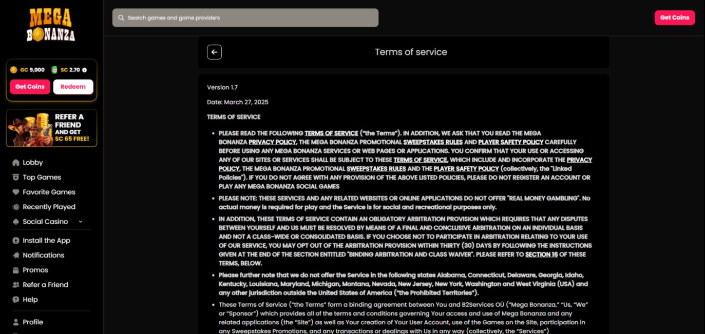 A screenshot of MegaBonanza Casino's terms of services page